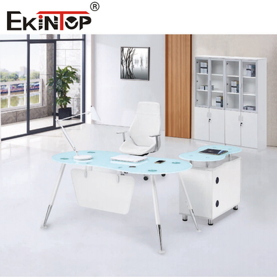 โต๊ะกระจกสำนักงาน CEO สีขาวสีน้ำเงิน L พร้อมพื้นผิวเรียบของตู้